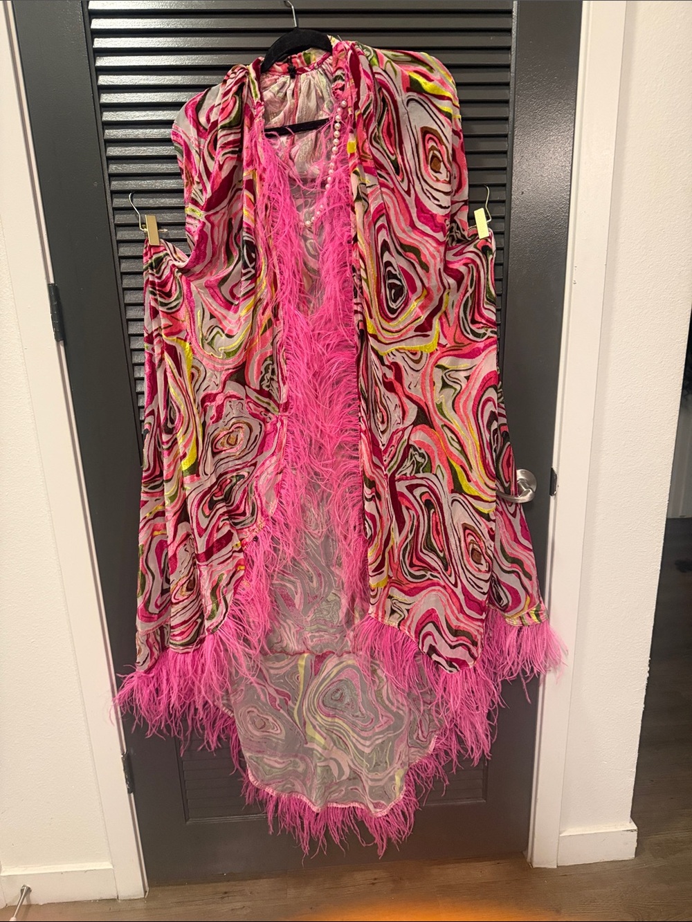 Vibrant Pink Marble Print Feather Trim Duster